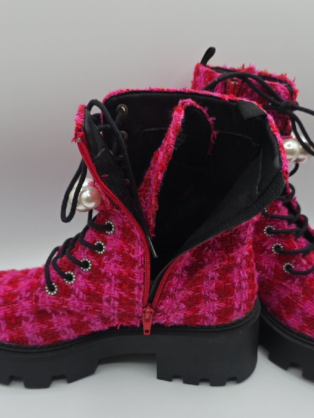 Betsey Johnson Jonnie Hot Pink & Red Tweed Lace-Up Combat Boots w/Pearl Accent - Picture 15 of 15